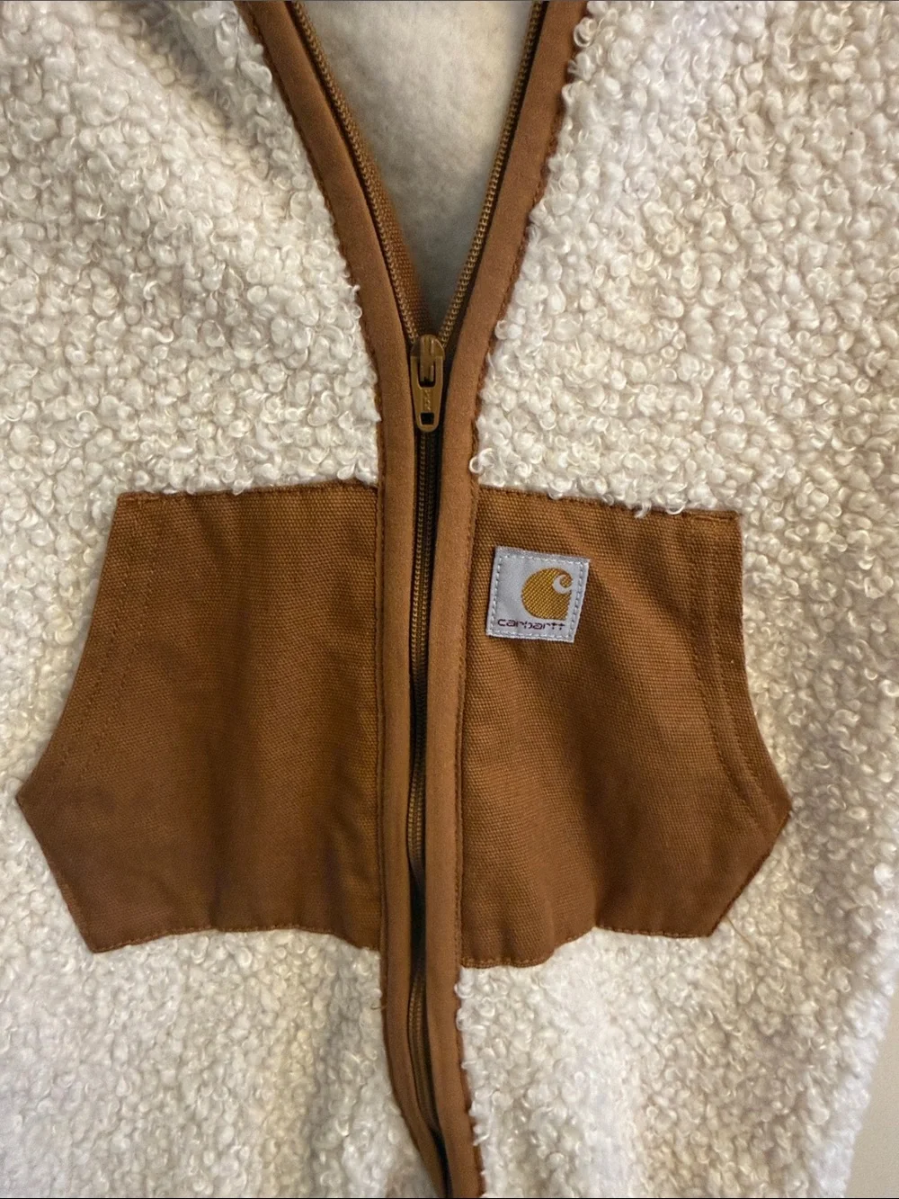 Carhartt Cream Sherpa Hooded One-Piece with Brown Pocket Trim